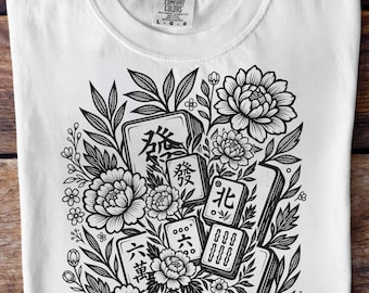 Floral Mahjong PNG | Black White Mahjong Design | Elegant Mahjong Lover Gift | Vintage Botanical Tile Art Sublimation
