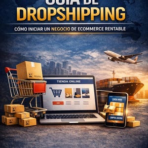 Könnte beinhalten: Ein Bild, das Dropshipping bewirbt, mit dem Text "GUÍA DE DROPSHIPPING" und "CÓMO INICIAR UN NEGOCIO DE ECOMMERCE RENTABLE". Es zeigt einen Laptop, ein Smartphone, einen Einkaufswagen und ein Frachtschiff, was auf ein E-Commerce-Thema hindeutet.