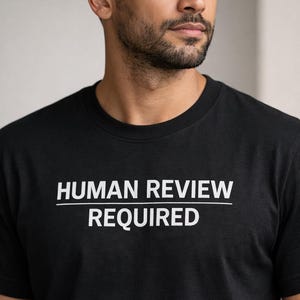 May include: Black t-shirt with the white text "HUMAN REVIEW REQUIRED" in a bold, sans-serif font. The text is centered and underlined. The shirt is worn by a person with short, dark hair and a beard.