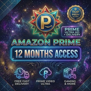 Op de afbeelding: Een digitale afbeelding met een goud en blauw ster-embleem met de letter P, tekst met AMAZON PRIME 12 MONTHS ACCESS, PRIME ULTRA HD + DELIVERY, en iconen voor bezorging, cloudvideo en gaming tegen een paarse en blauwe sterrenstelsel achtergrond.