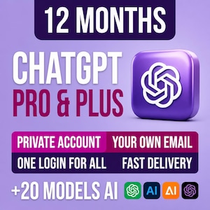 May include: A digital graphic featuring the text 12 MONTHS CHATGPT PRO & PLUS, PRIVATE ACCOUNT, YOUR OWN EMAIL, ONE LOGIN FOR ALL, FAST DELIVERY, and +20 MODELS AI. A purple rounded square icon with a white abstract logo is displayed on a light purple background.