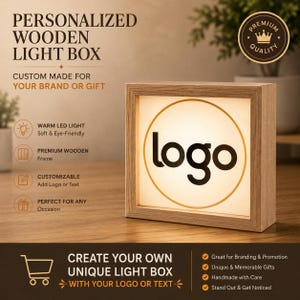 Personalisierte Holz Business Sign Light Box, benutzerdefinierte Social Media Zeichen, quadratische Schreibtisch-LED-Lampe mit Ihrem Logo, Empfangstheke
