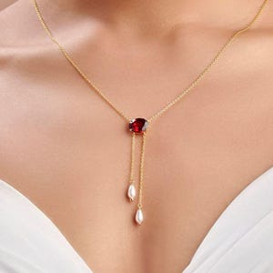 Oval Garnet Gemstone Dangling Pearl Lariat Chain Necklace 925 Sterling Silver Gold Plated Necklace