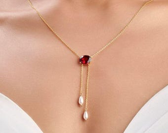 Oval Garnet Gemstone Dangling Pearl Lariat Chain Necklace 925 Sterling Silver Gold Plated Necklace