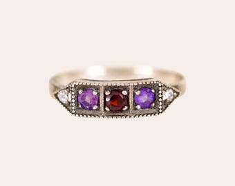 Art Deco Amethyst Granat Ring, Sterling Silber Statement Ring, Vintage inspiriert Lila Edelstein Ring, Februar Geburtsstein, Geschenk für Sie