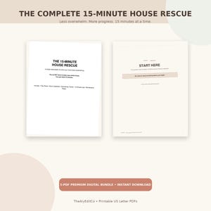 May include: Two white pages of a digital planner titled The 15-Minute House Rescue. The left page lists contents like a 7-day reset and decluttering tracker. The right page is a Start Here guide. A brown button at the bottom reads 5-PDF Premium Digital Bundle.