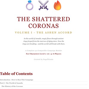May include: A white book cover with the title "THE SHATTERED CORONAS" in burgundy text, featuring icons of a ring, crossed swords, and a flame. The text describes a 5e-compatible campaign module for characters level 1-10.