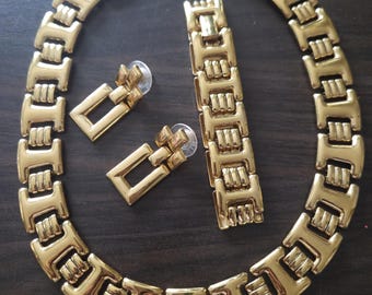 Vintage Monet Gold-Tone Necklace, Bracelet & Earring Set | 1980s Ribbed Link Watchband Style Demi-Parure | Signed Designer Costume Jewelry