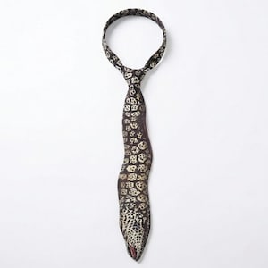 May include: A patterned necktie with a snake-like design. The tie has a dark brown base with cream-coloured spots. The tip of the tie has a red accent. The tie is shown against a white background.