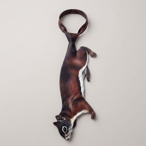May include: A novelty tie shaped like a squirrel, featuring a brown body with white and black accents. The tie's loop is a dark brown color, and the squirrel's head and paws are detailed. The design is unique and eye-catching.