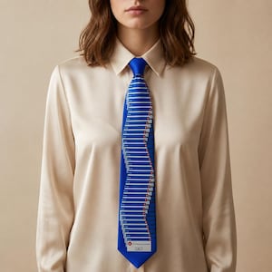 May include: A bright blue necktie featuring a repeating pattern of stacked computer error message windows, each with a white horizontal bar and a small red 'X' icon, worn with a long-sleeved, button-down, champagne-coloured satin shirt.