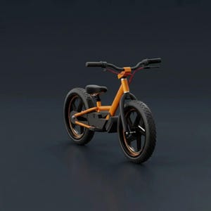 Könnte beinhalten: Ein orangefarbenes Laufrad mit schwarzen Reifen und einem schwarzen Sitz. Das Fahrrad hat einen schwarzen Lenker und ein rotes Kabel. Die Räder haben orangefarbene Felgen. Das Fahrrad ist für junge Kinder konzipiert, um Gleichgewicht und Koordination zu lernen.