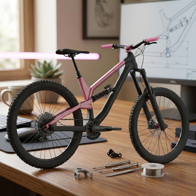 May include: A black and pink mountain bike with black tyres and pink handlebars is on a wooden desk. Tools and a spool of wire are arranged nearby. A computer monitor displays a bike frame design.
