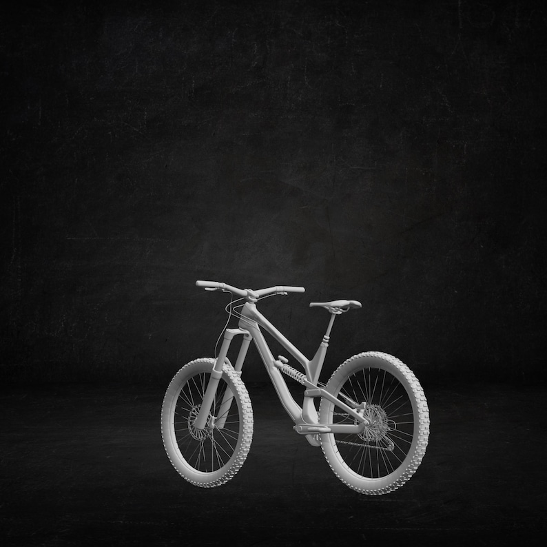 May include: A white mountain bike with thick tyres, disc brakes, and a suspension system. The bike has a curved frame, a seat, and handlebars. The image is set against a dark background.