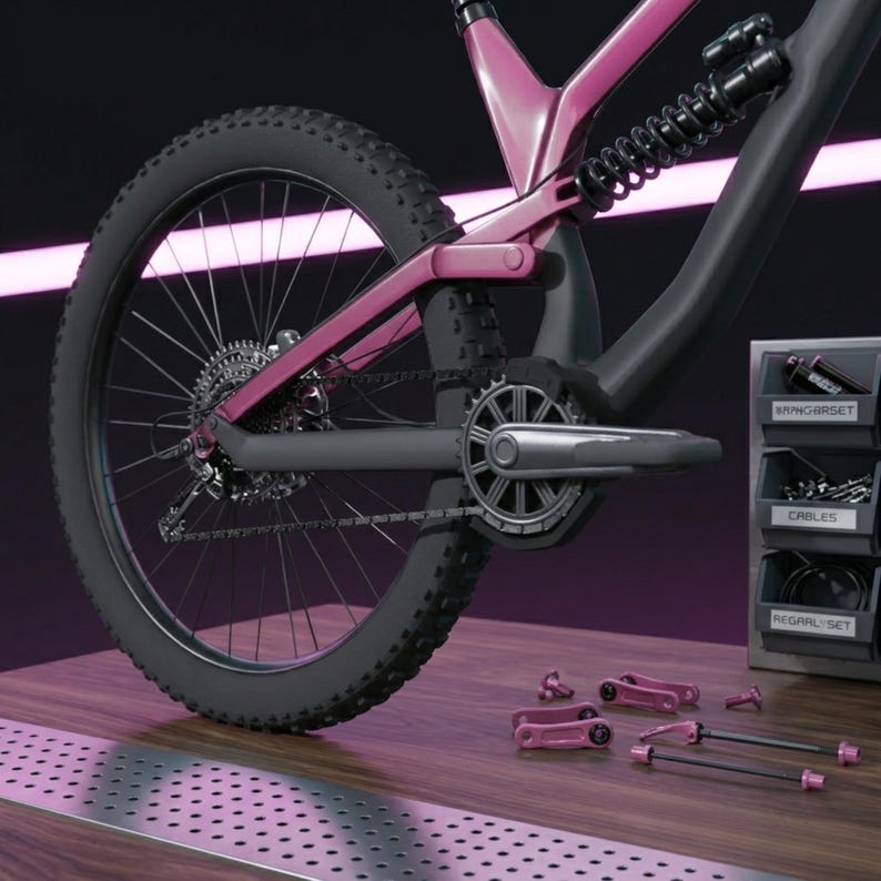 May include: A contemporary mountain bike featuring a pink frame and black tyres. The bike is presented on a wooden surface with a metal grate. Bike components are arranged nearby, including a "KANGARSET" and "CABLES" storage unit.
