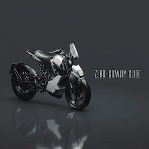 Può includere: Una moderna motocicletta in bianco e nero, con un design elegante e un parabrezza. Il testo "ZERO-GRAVITY GLIDE" è visualizzato a destra dell'immagine. La motocicletta ha un'estetica futuristica.