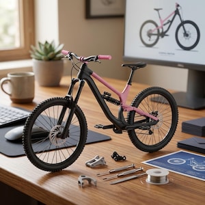 May include: A small black and pink mountain bike model on a wooden desk, with tools and a blueprint. The bike features pink handlebars and frame details. A computer monitor shows a bike diagram. A mug and a succulent plant are also present.
