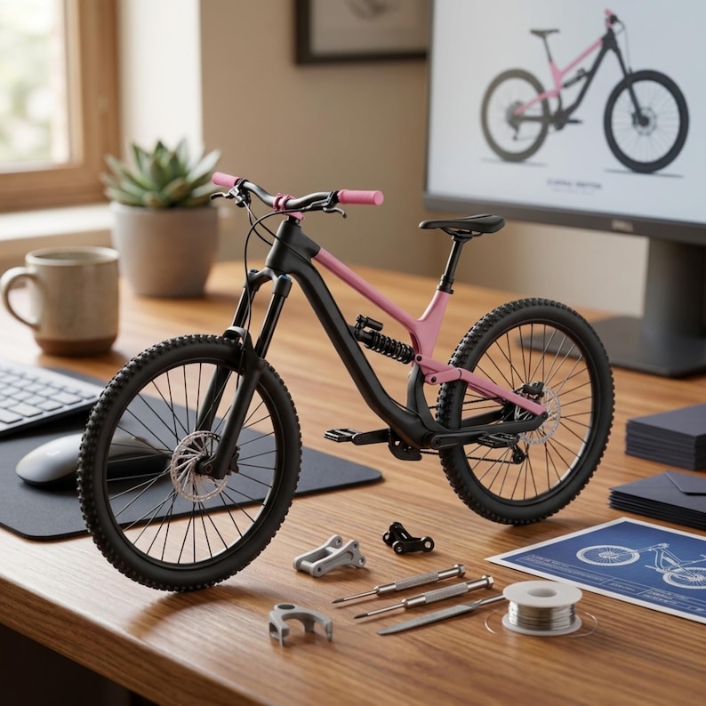 May include: A small black and pink mountain bike model on a wooden desk, with tools and a blueprint. The bike features pink handlebars and frame details. A computer monitor shows a bike diagram. A mug and a succulent plant are also present.