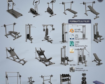 21 Gym Equipment 3D Models - Fitness Center Asset Pack - Low Poly Game Ready Gym Set - Blender, FBX, OBJ, DAE - Weightlifting & Cardio Model