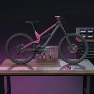 May include: A grey and pink mountain bike with black tyres and a black seat. The bike is on a wooden workbench with pink tools and a pegboard. The background is dark.
