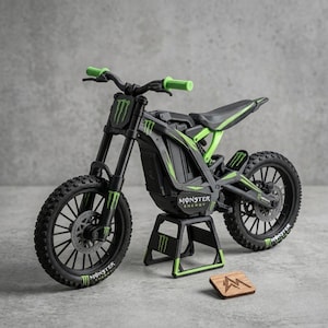 Könnte beinhalten: Ein schwarzes und neongrünes Elektro-Dirtbike-Modell mit dem Monster Energy-Logo auf Rahmen, Gabel und Reifen. Das Motorrad steht auf einem passenden schwarz-grünen Ständer, daneben liegt eine kleine Holzplakette mit einem Logo.