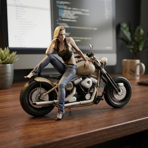 May include: A figurine of a woman in a black top and blue jeans, sitting on a tan motorcycle. The motorcycle has black tires and a chrome exhaust. The woman has blonde hair and is wearing black high heels. The background includes a computer monitor and a potted plant.