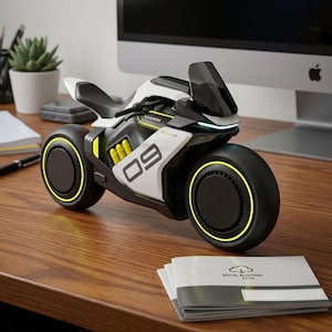 May include: A futuristic Segway electric motorcycle model in white, black, and yellow, with the number "09" on the side. The motorcycle has a sleek design with glowing yellow accents around the wheels. The image is on a wooden desk with a computer and documents.