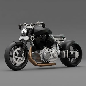 May include: A black motorcycle with silver and bronze accents. The motorcycle has a low profile, a round headlight, and a large front tire. The engine is visible, and the exhaust pipe is bronze. The motorcycle is set against a gray background.