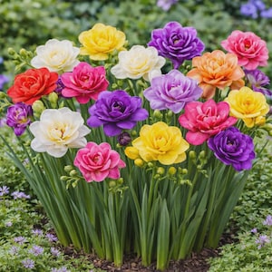 May include: A vibrant cluster of double-petaled flowers in various colors, including yellow, white, red, pink, orange, and purple. The flowers are surrounded by long, green leaves, creating a lush and colorful display. The image showcases a variety of blooms.