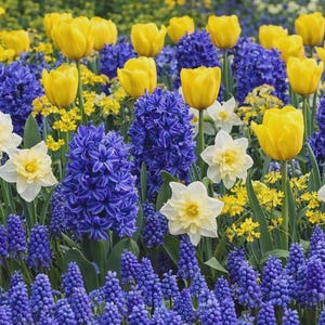 May include: A vibrant field of spring flowers, featuring bright yellow tulips, white daffodils, and clusters of blue hyacinths and grape hyacinths. The scene is filled with a variety of textures and colors, creating a lively and cheerful display.