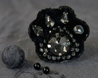 Black Crystals Paw Brooch, Handmade Gift for Pet Lover