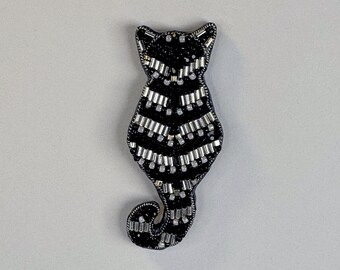 Embroidered Black Silver Striped Cat Brooch, Beaded Silhouette Pin