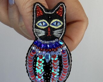 Black Cat Brooch with Embroidered Face and Sequin Coat