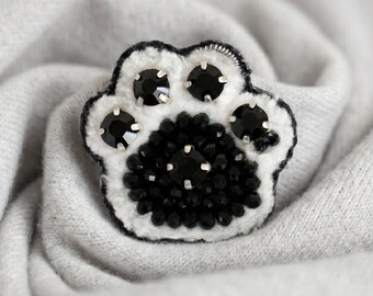 Handmade White Paw Brooch, Black Crystals, Pet Lover Gift