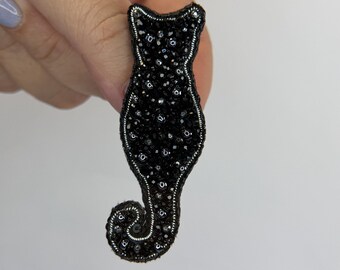 Black Sparkle Cat Silhouette Brooch – Hand Embroidered faceted beads Pin