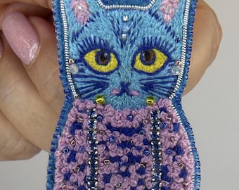 Blue Cat Brooch, Whimsical Animal Jewelry Gift