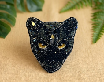 Handmade Black Panther Brooch, Beaded Animal Face Jewelry