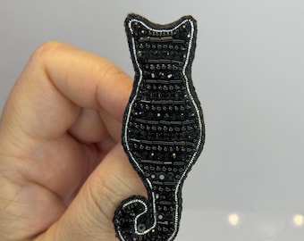 Striped Black Cat Brooch – Hand Embroidered Sitting Silhouette Rhinestone Pin