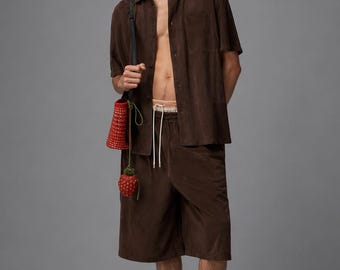 Braune Wildleder Shorts Männer, Elastische Taille Bermuda, Relaxed Fit Sommer Shorts