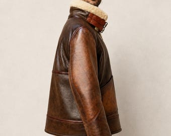 Vintage Leather trim Shearling Jacket 90s Retro style Sheepskin coat
