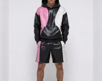 Conjunto de sudadera con capucha y pantalones cortos de cuero para hombre, negro y rosa, estilo urbano, chándal de diseñador.
