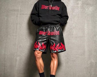 Männer schwarze Ledershorts, Schaffell Streetwear Böden, Red Flame Design