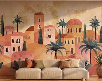 Limewash Boho Moroccan Coastal Wall Mural, Terracotta Mediterranean Village Wallpaper, Palm Tree Landscape Wall Decor
