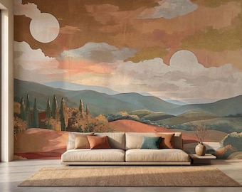 Terracotta Landscape Wall Mural, Retro Limewash Wallpaper, Mediterranean Sunset Landscape Wall Decor