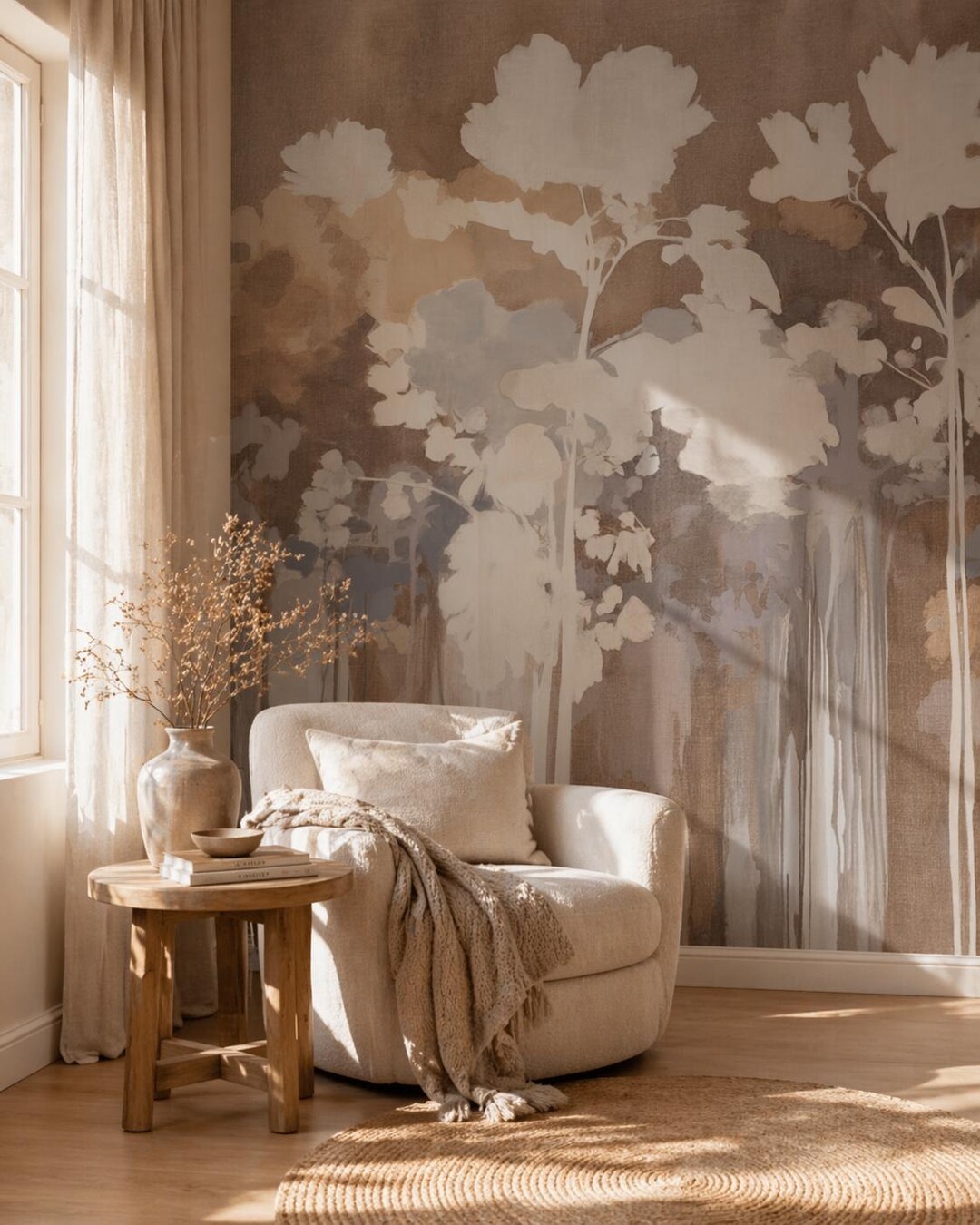 Neutral Forest Neutral Forest Wall Mural, Limewash Style Trees Wallpaper, Japandi ...