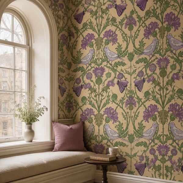 William Morris Thistle Botanical Wallpaper, Arts and Crafts Bird Butterfly Wall Decor