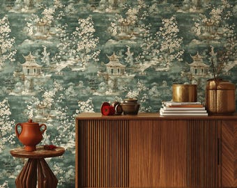 Teal Chinoiserie Wallpaper, Oriental Garden Mural, Japanese Pagoda Wall Decor (Peel and Stick)