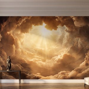 May include: A large wall mural depicting a dramatic, golden-hued sky with swirling clouds and radiant sunlight. A classical statue stands on a dark table in front of the mural, adding a touch of elegance to the room.