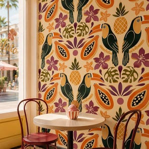 Tropical Toucan Folk Art Wallpaper, Maximalist Botanical Peel and Stick Mural (Kitchen Nursery)