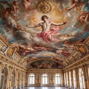 May include: A grand, ornate room with a painted ceiling depicting a muscular figure in the clouds. The ceiling art is surrounded by gold trim and architectural details. The room has arched windows and a polished floor.